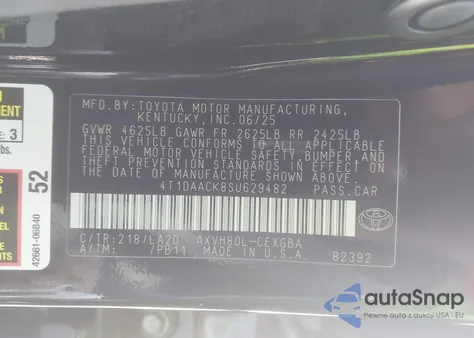 2025 Toyota Camry Xle из США, поврежденный, VIN 4T1DAACK8SU629482